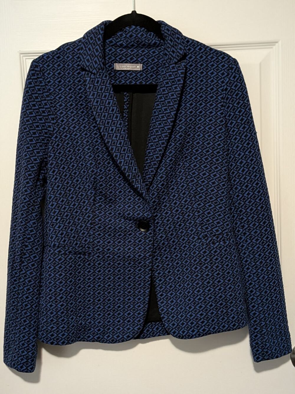 Olivia Moon Geometric Diamond Knit Blazer Jacket Size Small Navy Blue Black